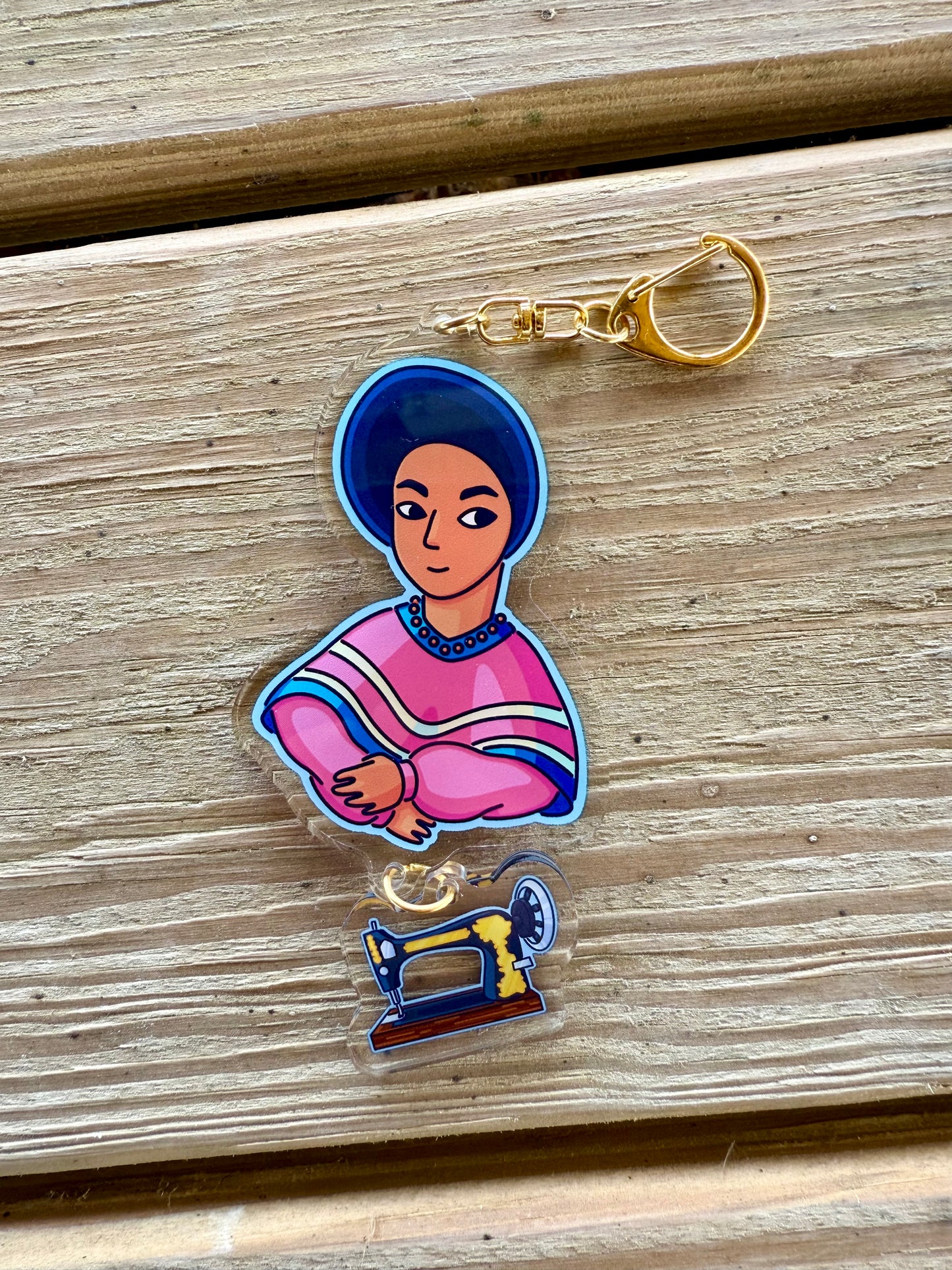 Lady and Sewing Machine Linked Keychain